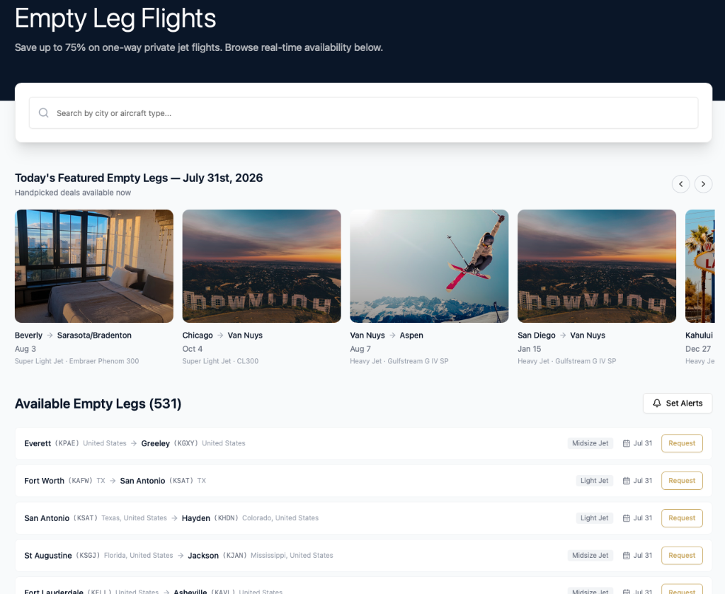 Empty Leg Flights feed with today's featured deals