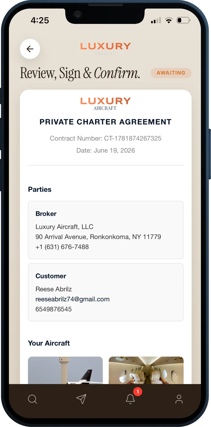 In-app charter agreement and e-signature