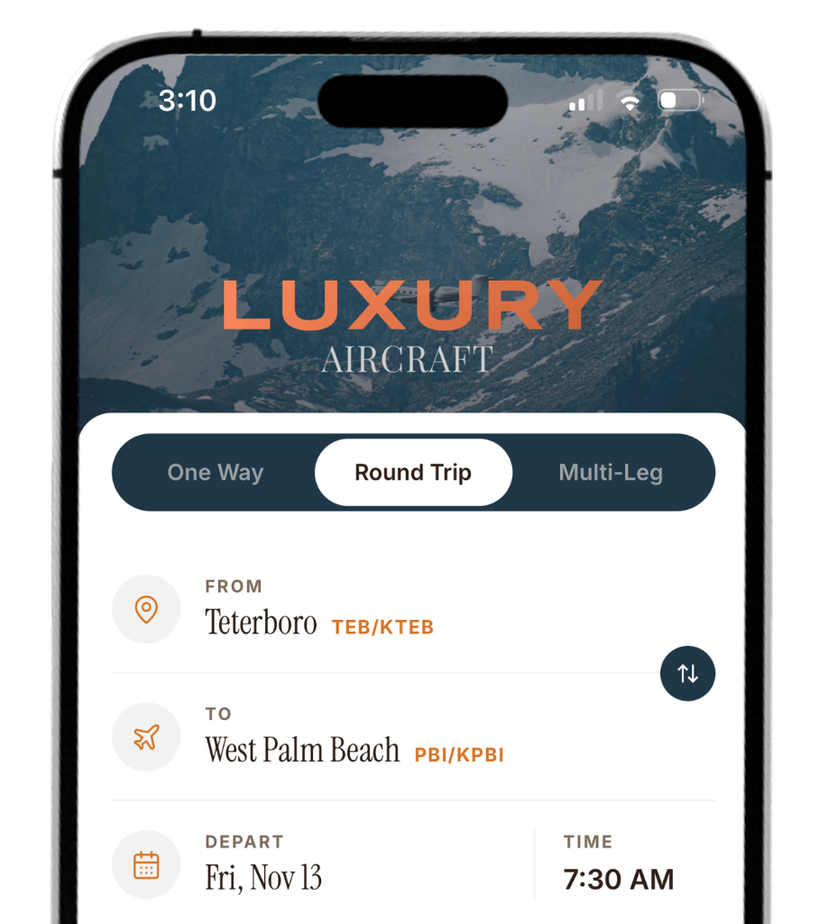 Luxury Aircraft app showing a round trip search