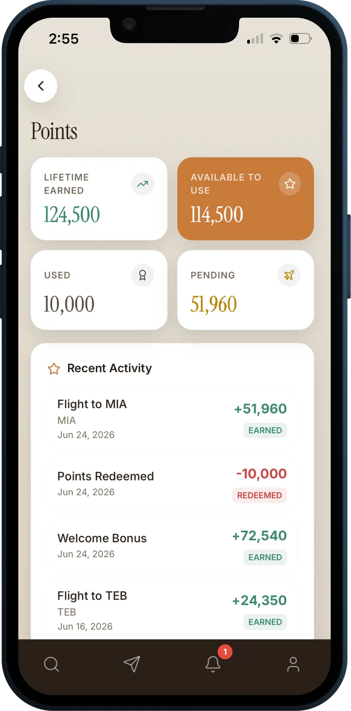 Rewards and points balance in the Luxury Aircraft app