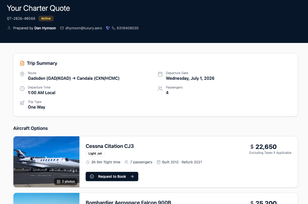 Charter quote with multiple aircraft options
