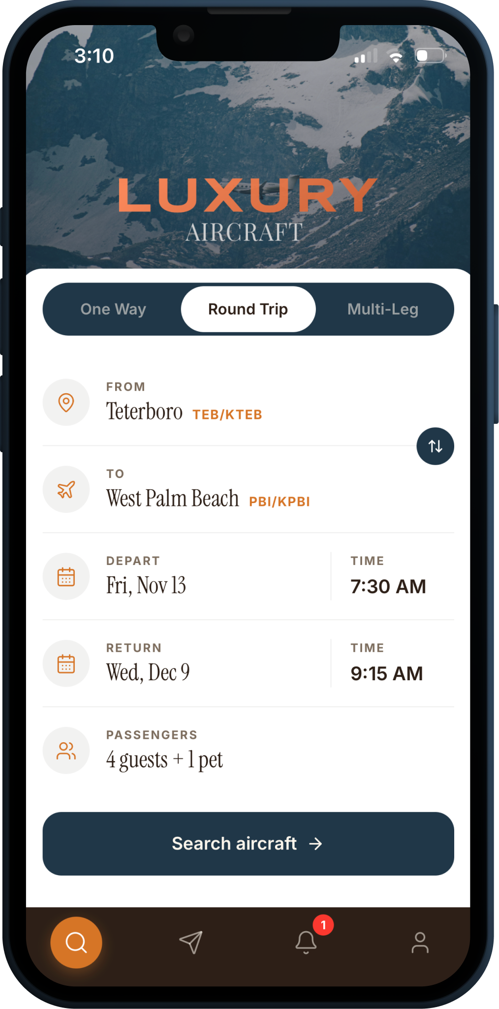 The Luxury Aircraft app on a phone, showing the flight request screen.
