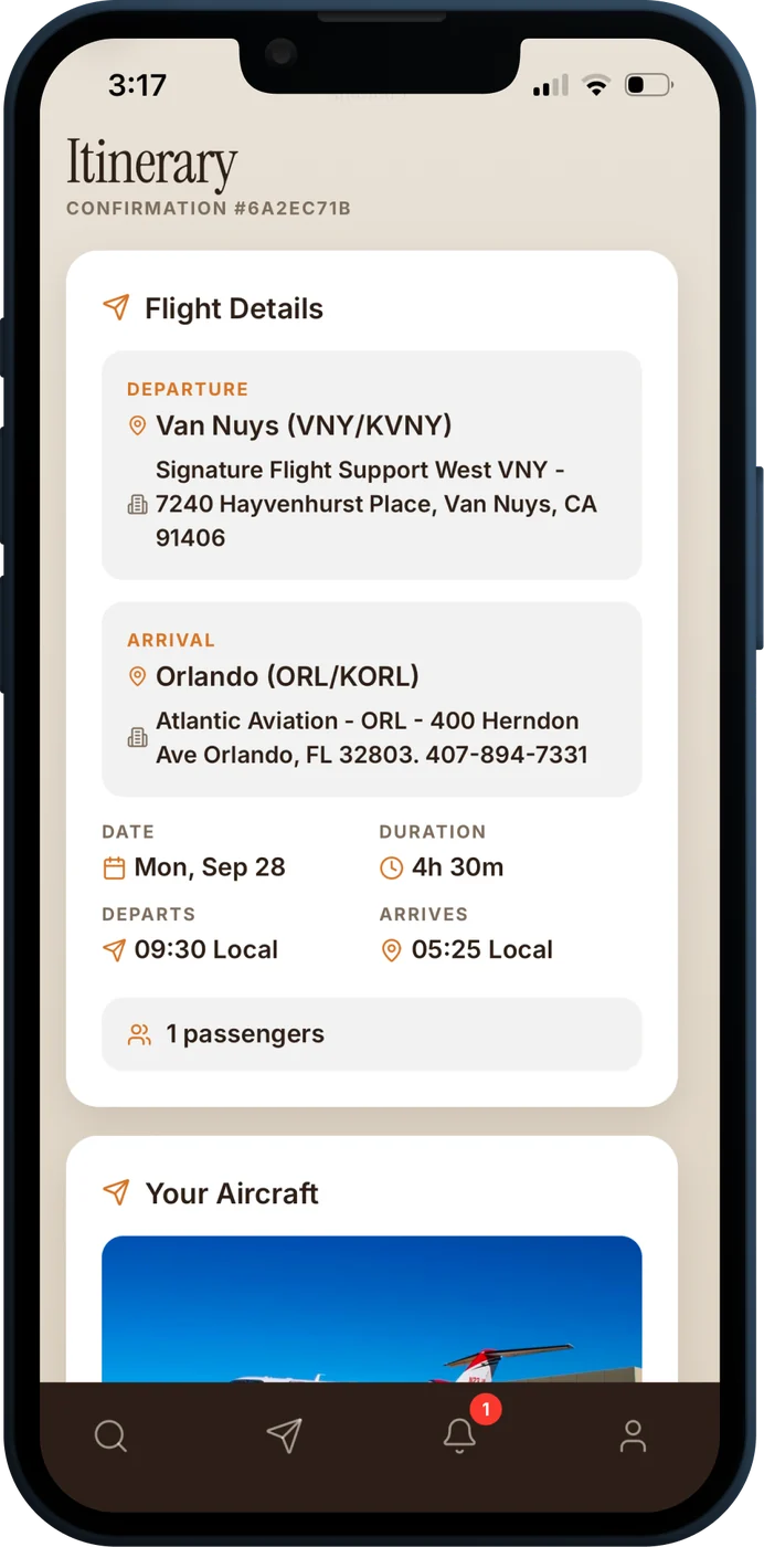 Digital itinerary and trip details in the Luxury Aircraft app