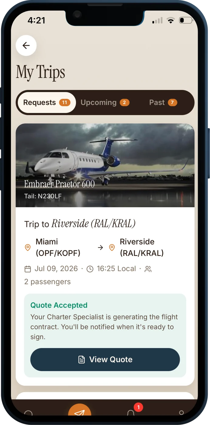My Trips dashboard with upcoming and past private jet flights