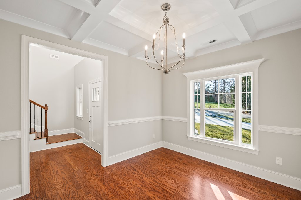 555 Alpine Rd. Formal dining room with coffered ceiling.