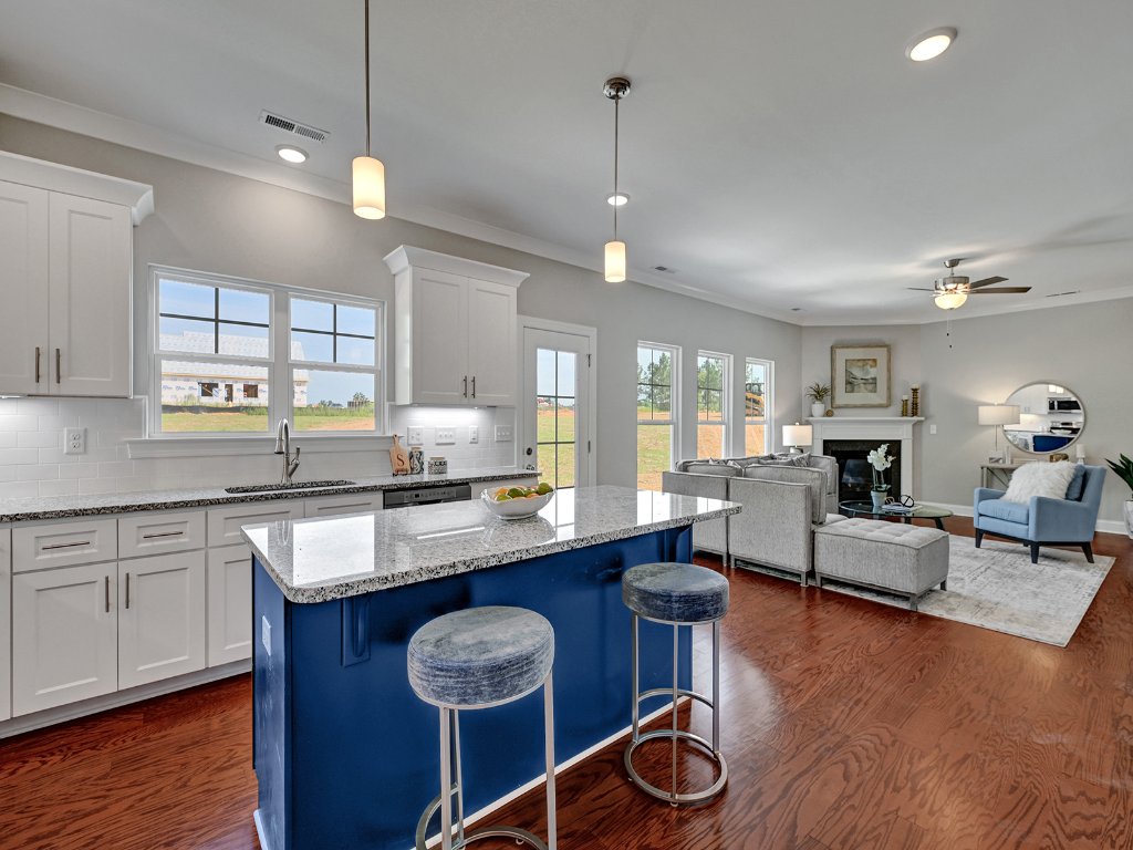 Kitchen island and living room