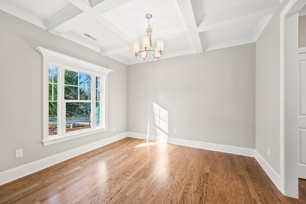 553 Alpine Road, formal dining room with coffered ceiling.