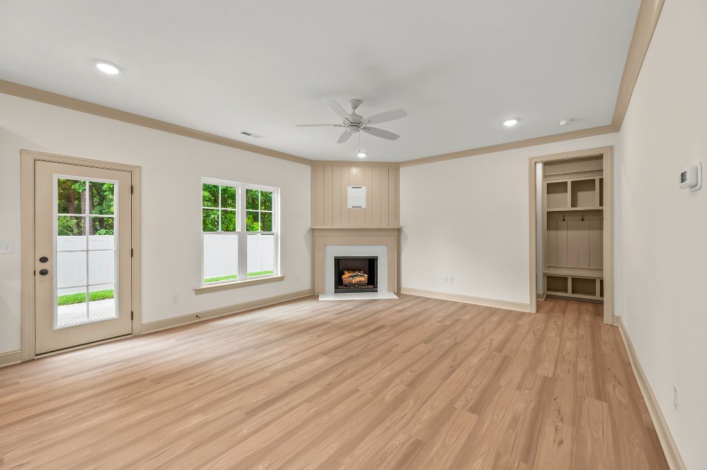 Great room with fireplace and drop zone