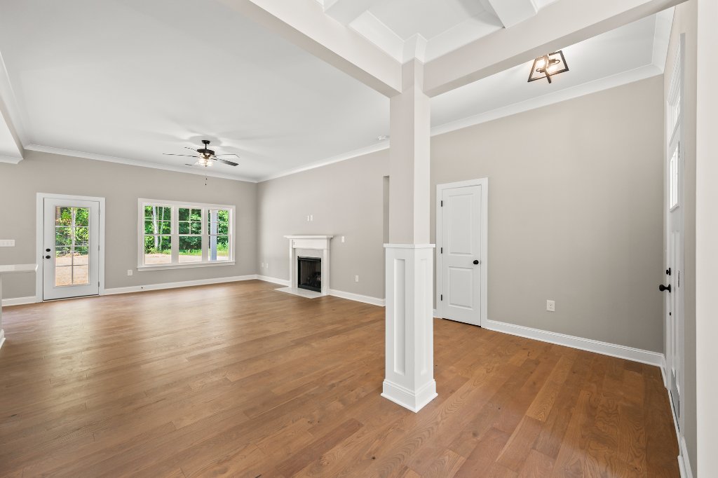 Open living room with fireplace