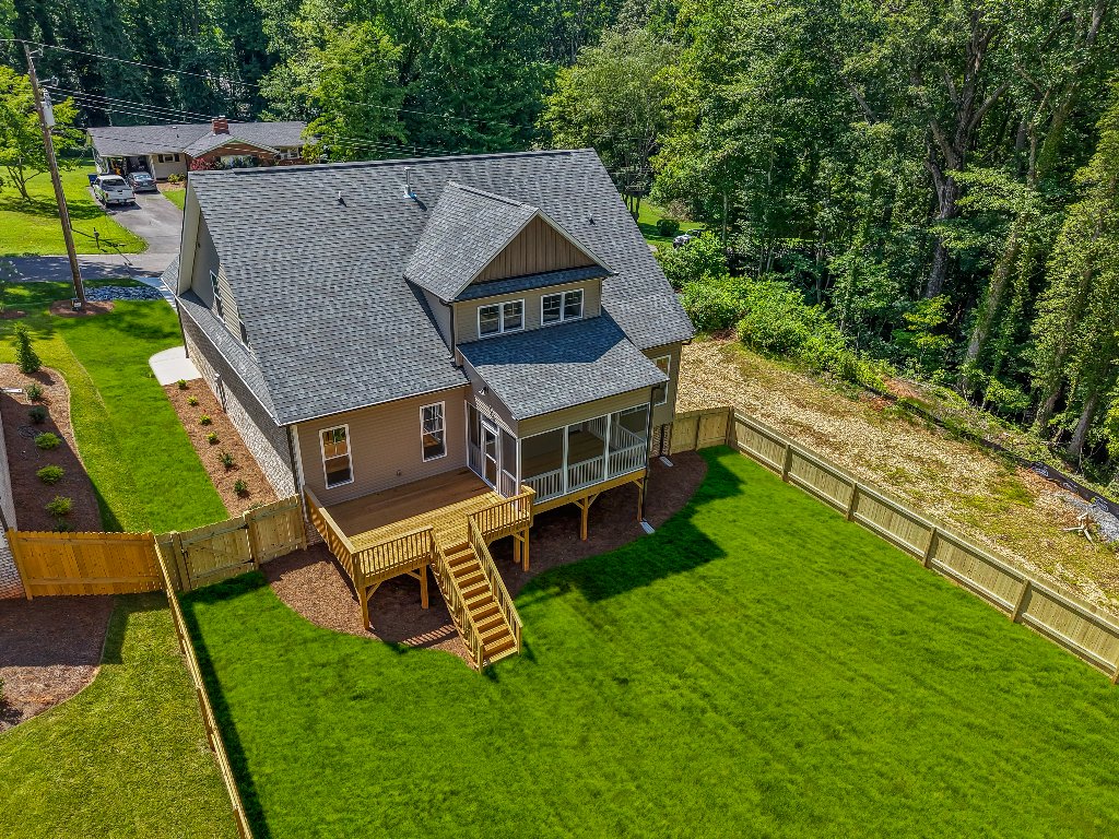 Aerial rear view with deck and screened porch