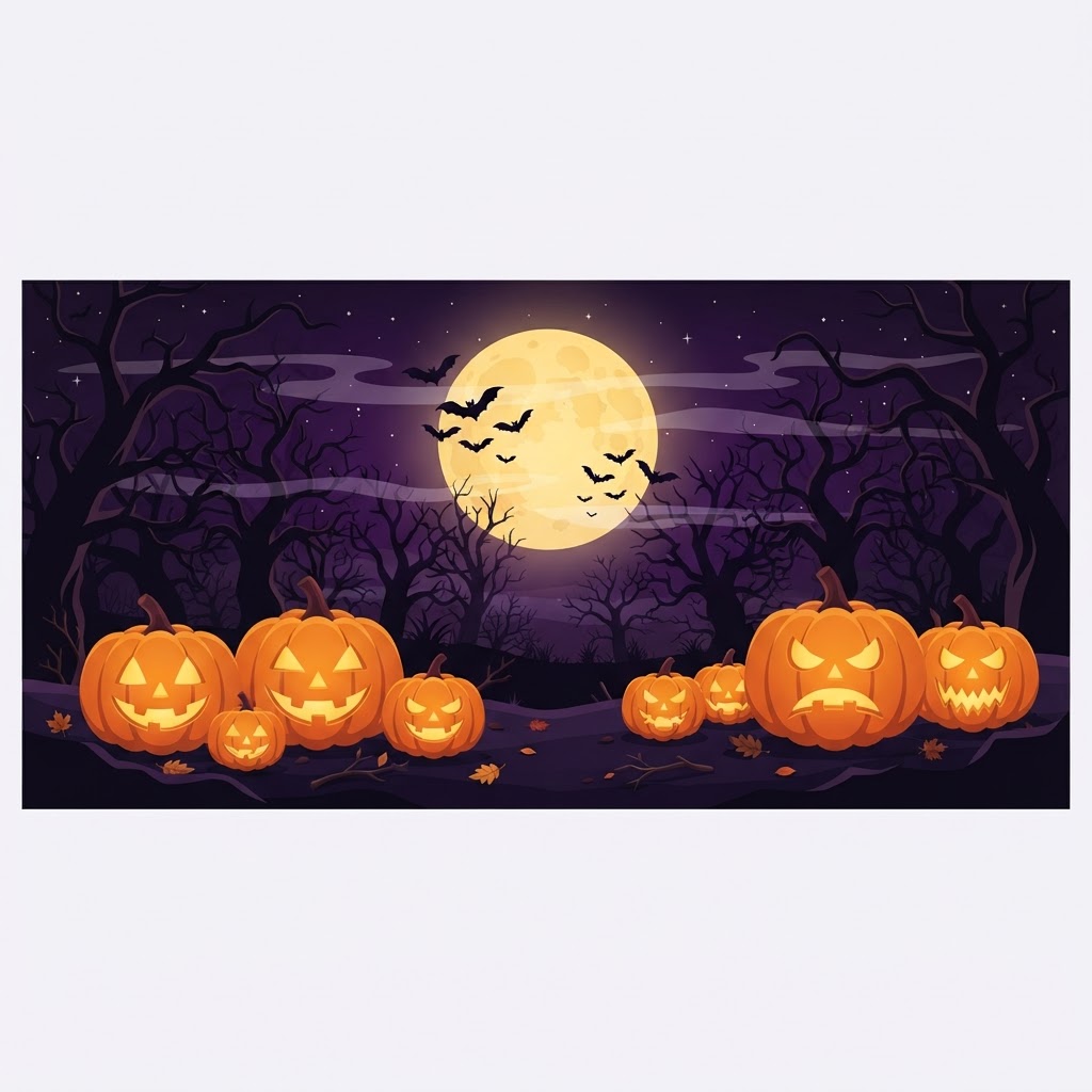 Halloween night scene with jack-o'-lanterns and bats