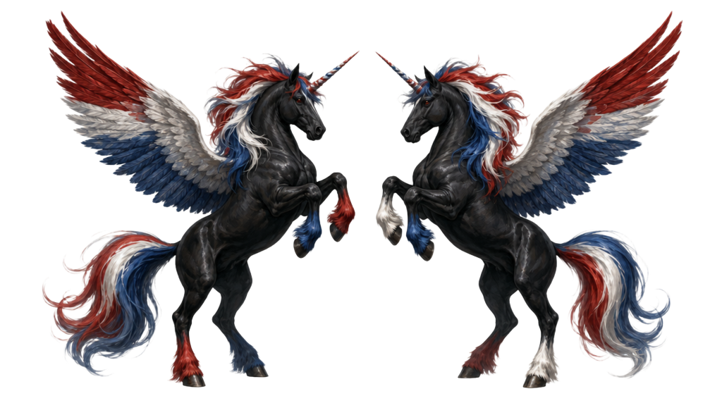 Black Horse Patriot — twin winged unicorns in red, white, and blue