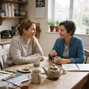 Two women sit at a wooden kitchen table with mugs, a teapot, a plate of toast, and watercolor supplies.