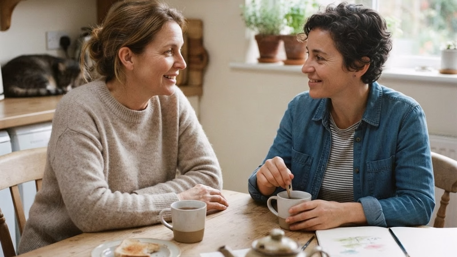 Two women sit at a wooden kitchen table with mugs, a teapot, a plate of toast, and watercolor supplies.
