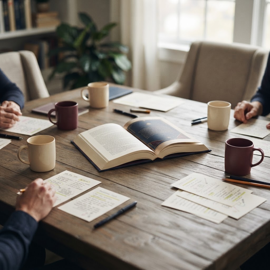 Open book and discussion materials arranged for a thoughtful reading group