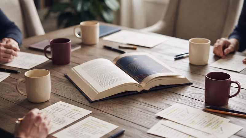 Open book and discussion materials arranged for a thoughtful reading group