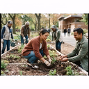 A group of people working together to plant in a garden bed in a park.