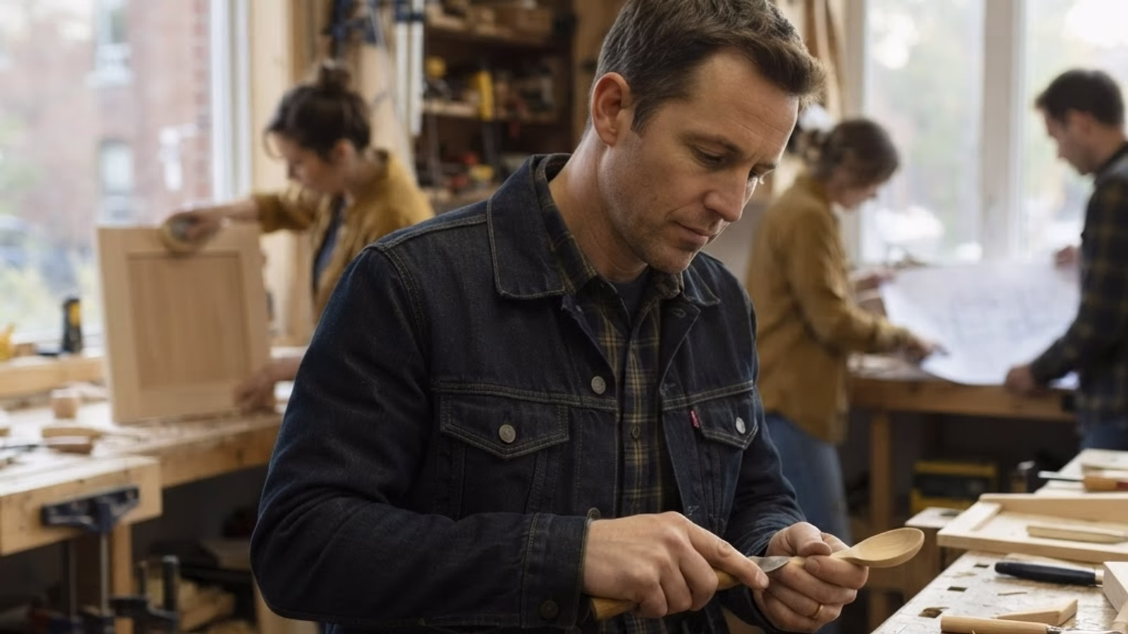 A person carving a wooden spoon at a shared workshop bench, with other makers in the background.