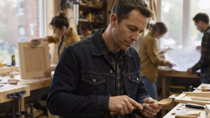 A person carving a wooden spoon at a shared workshop bench, with other makers in the background.