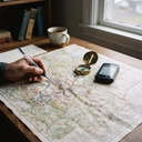 A hand holds a pen over a large paper map spread across a wooden table next to a compass, a digital device, and a ceramic mug.