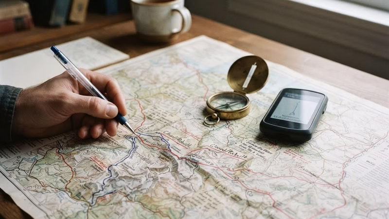 A hand holds a pen over a large paper map spread across a wooden table next to a compass, a digital device, and a ceramic mug.