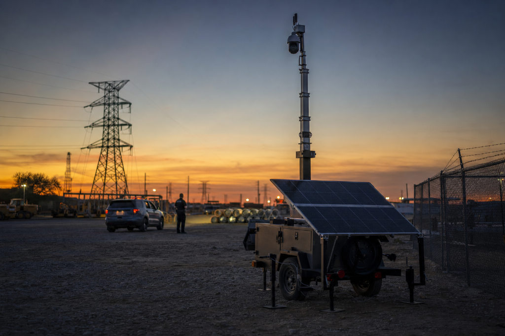 Surveillance trailer with officer at dusk