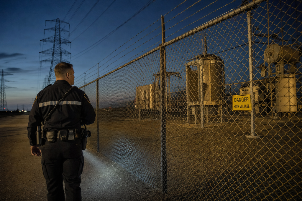 Officer patrolling substation perimeter at dusk