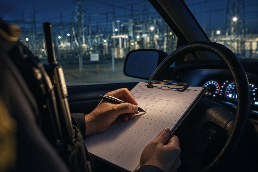 Officer completing shift documentation inside patrol vehicle