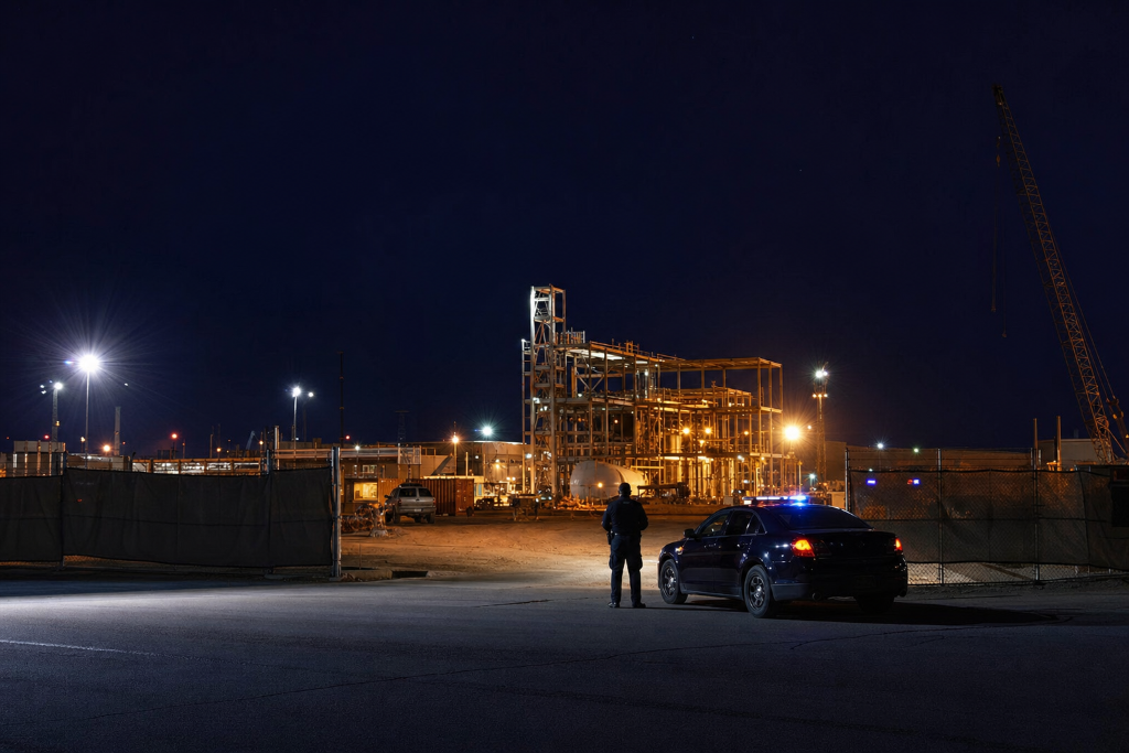 Construction site at night with marked patrol vehicle near entrance, officer silhouette visible