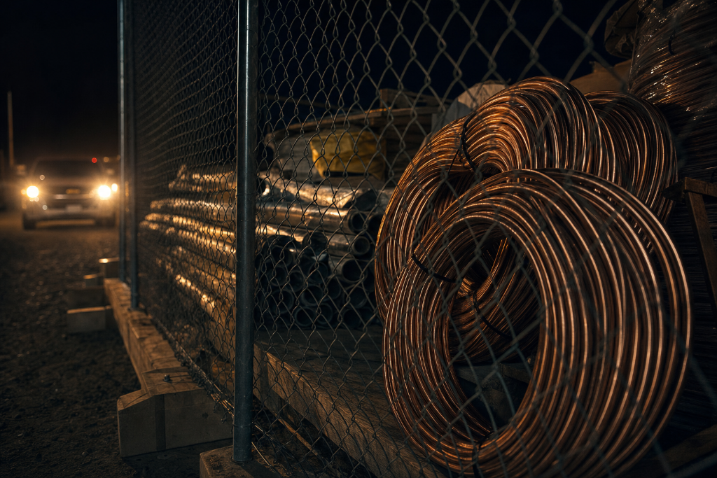 Copper wire and construction materials secured behind temporary fencing at night