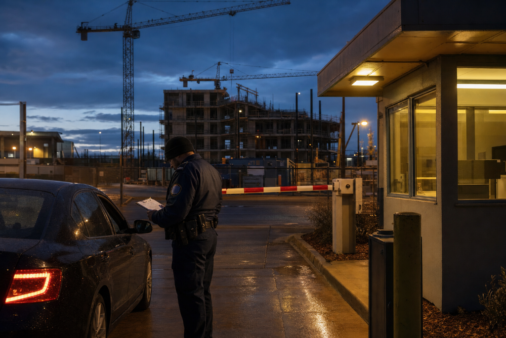 Sworn officer overseeing a large commercial construction site at dusk