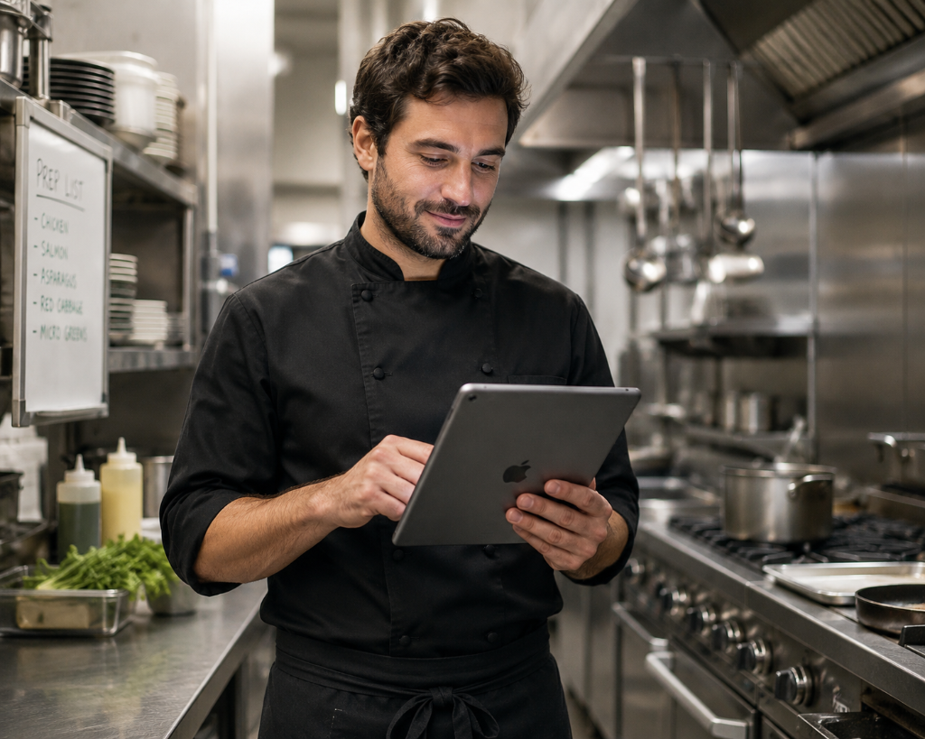 Chef using tablet in kitchen