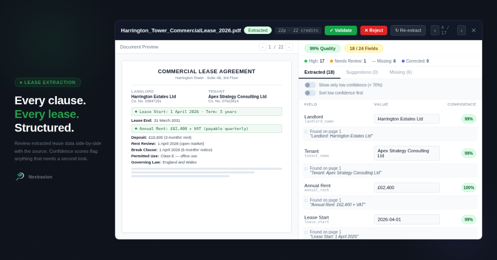 Nextraxion lease agreement extraction UI
