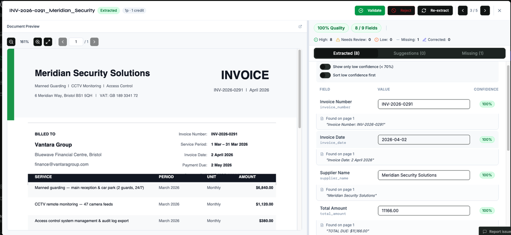 Nextraxion extraction panel showing field-level confidence scores on a real invoice