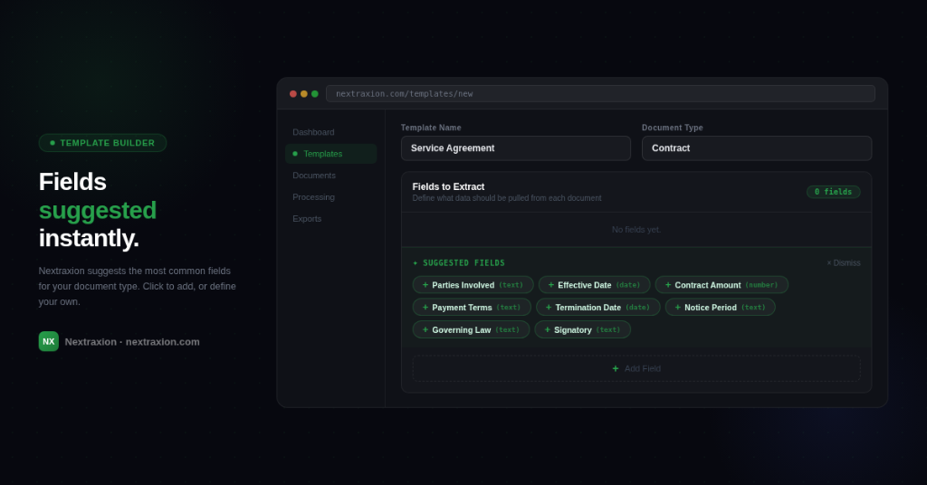 Nextraxion template builder showing suggested contract extraction fields