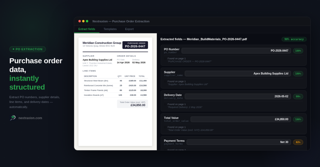 Nextraxion purchase order extraction UI