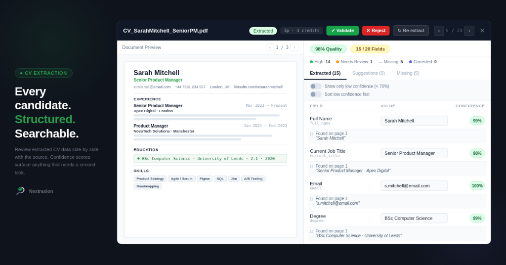 Nextraxion CV data extraction UI