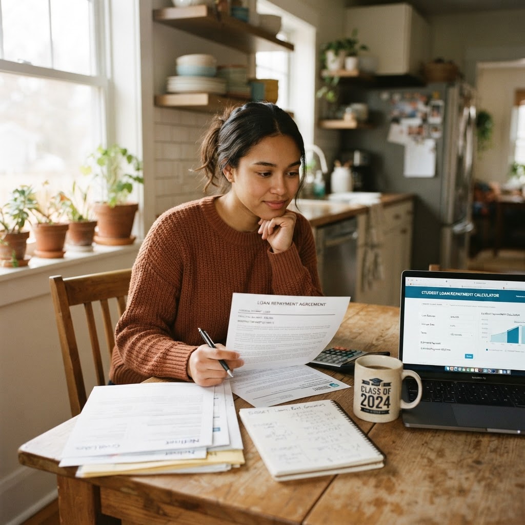 Recent graduate reviewing student loan documents at a table