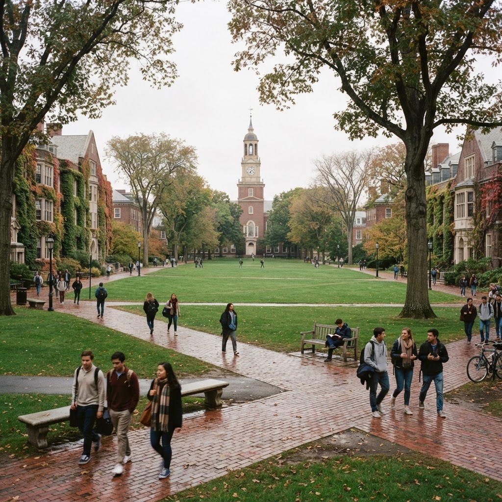 Traditional university campus quadrangle with green lawn and ivy-covered brick buildings