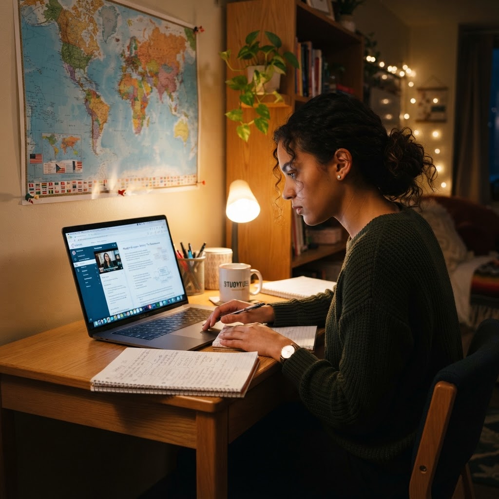 Student studying online with coursework on a laptop