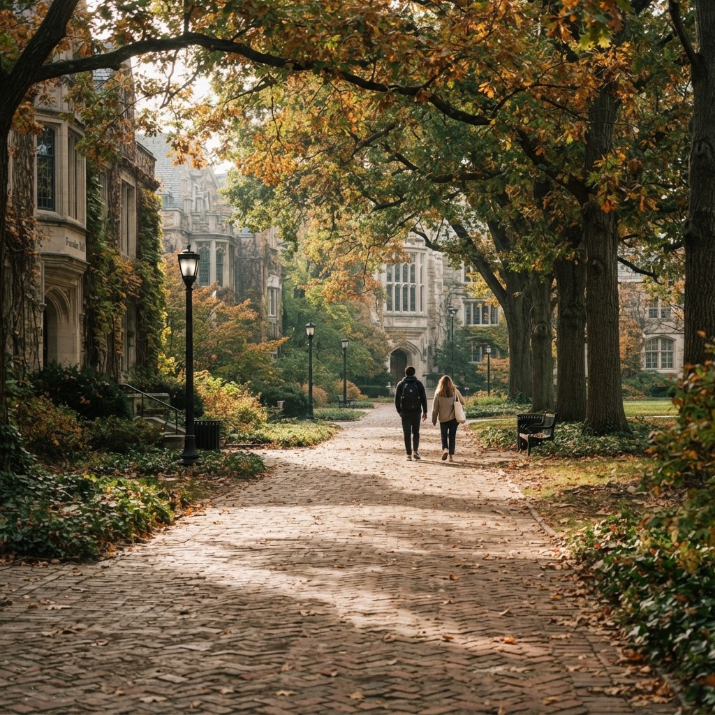 Tree-lined campus walkway with dappled morning sunlight filtering through oak trees