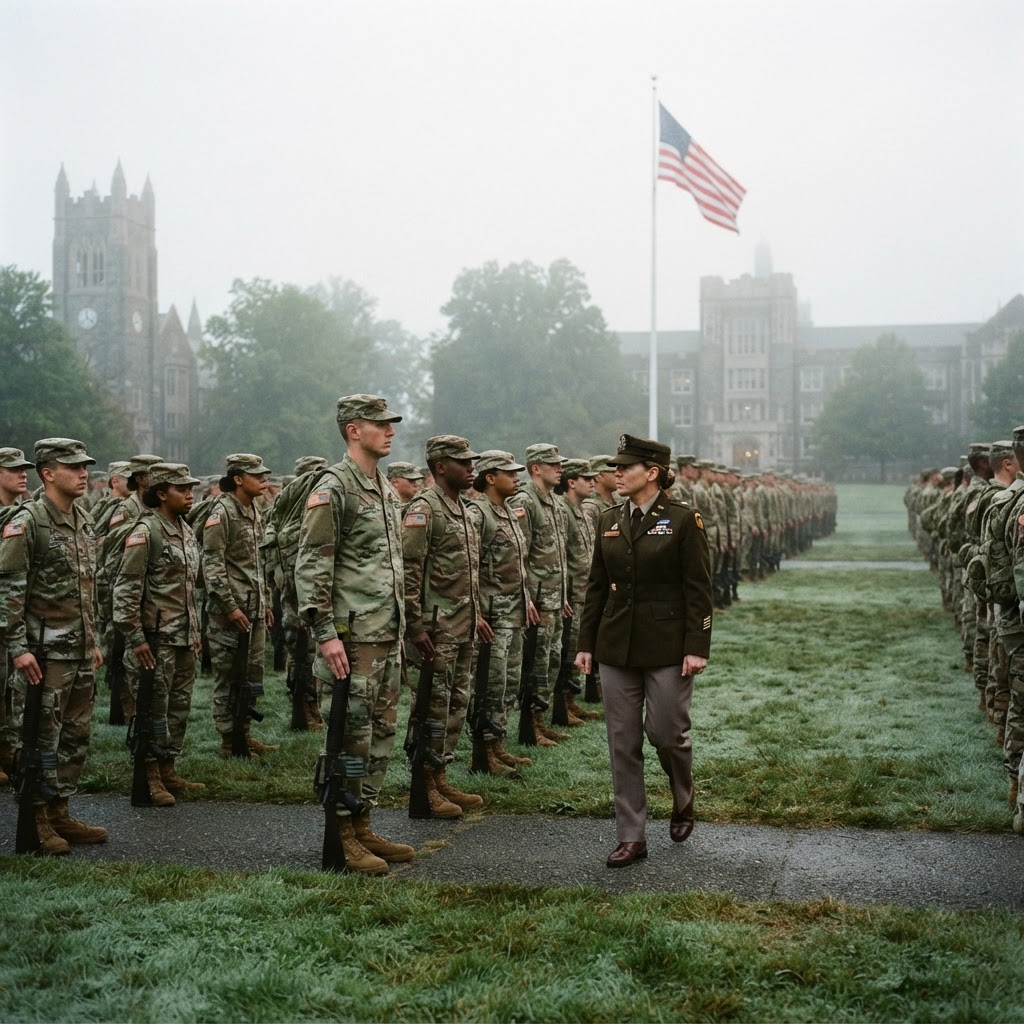 College ROTC unit in formation on a campus parade ground at early morning