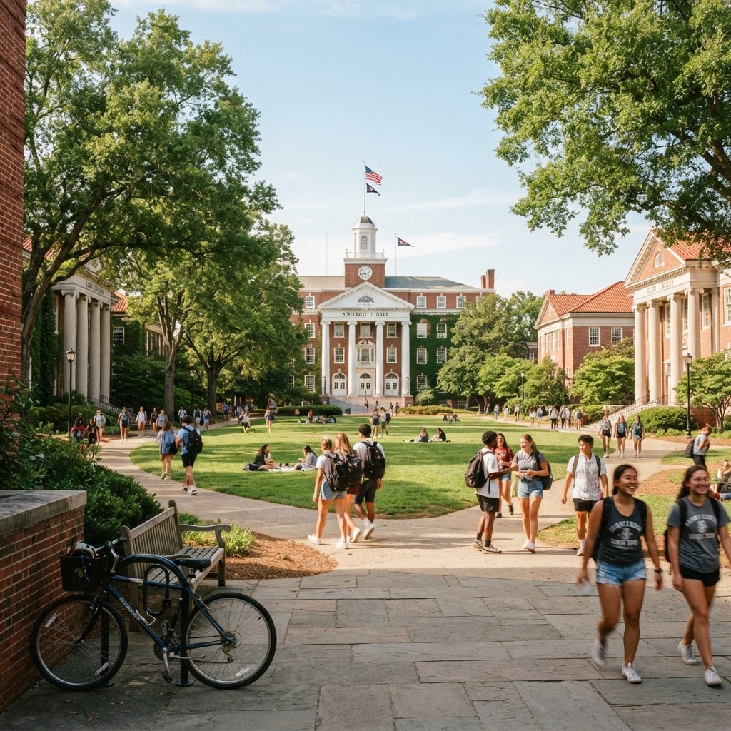 Traditional university campus quad with brick buildings and tree-lined pathways