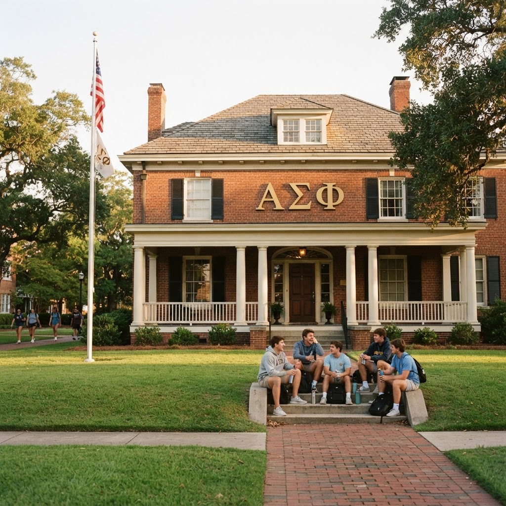Classic American college fraternity house with Greek letters on the brick facade