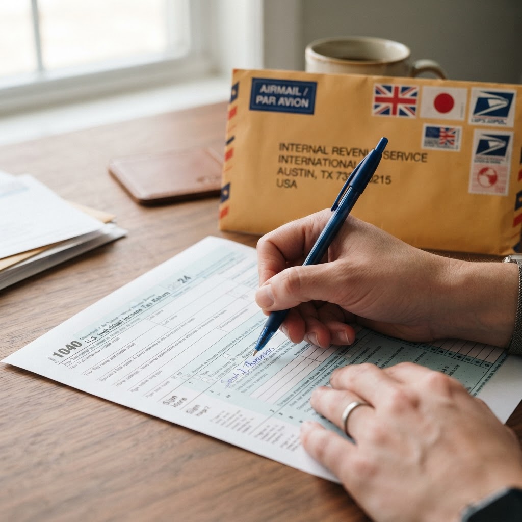 Hand signing a US tax return with a blue ink pen, international mailing envelope in the background