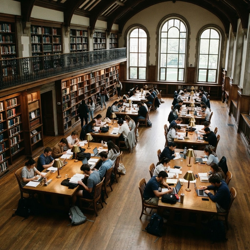 University library interior with students studying at wooden tables beneath tall bookshelves