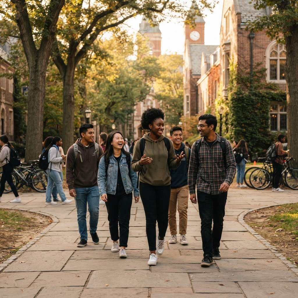 Diverse college students walking together on a tree-lined campus pathway between brick buildings
