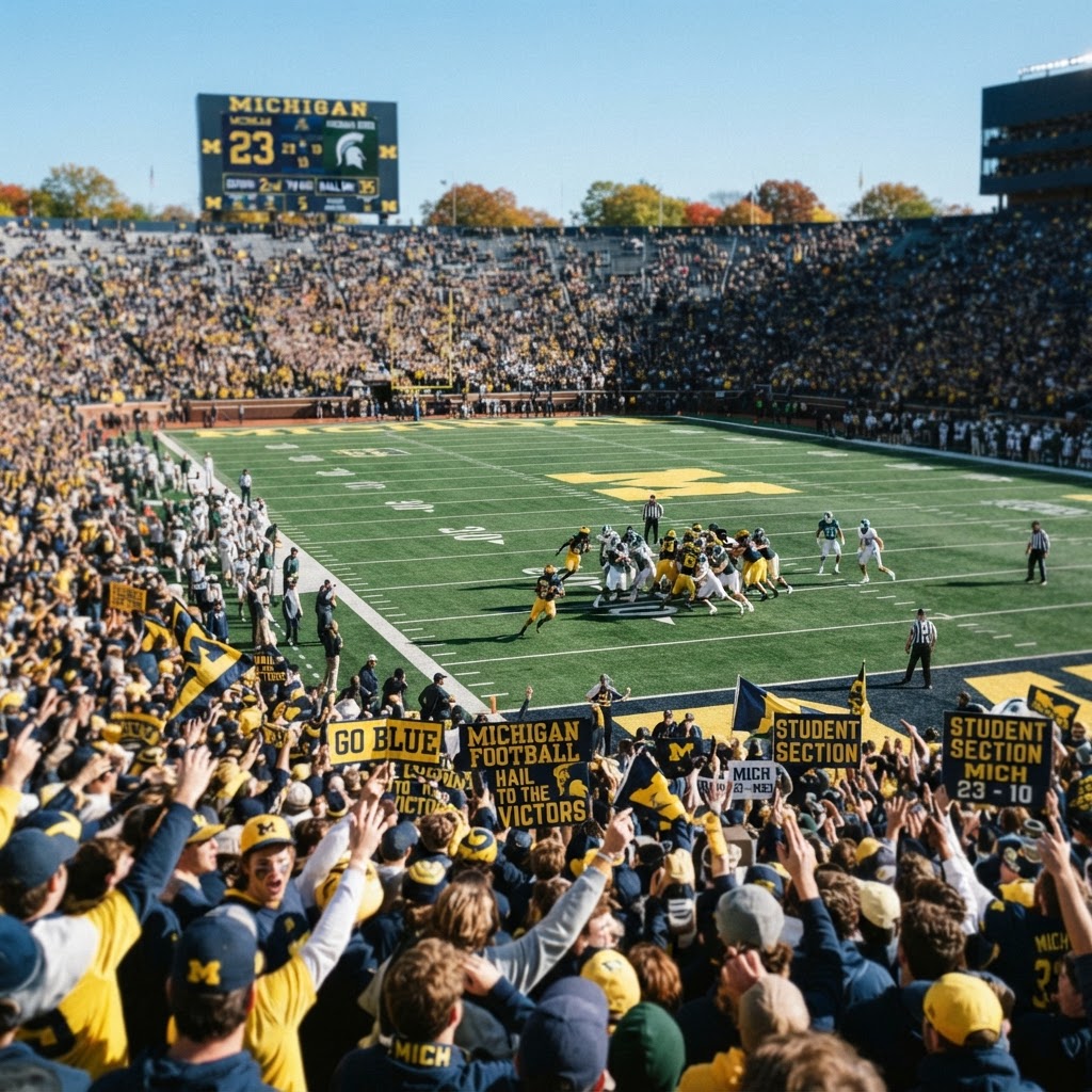 College football game viewed from the stadium stands on an autumn afternoon
