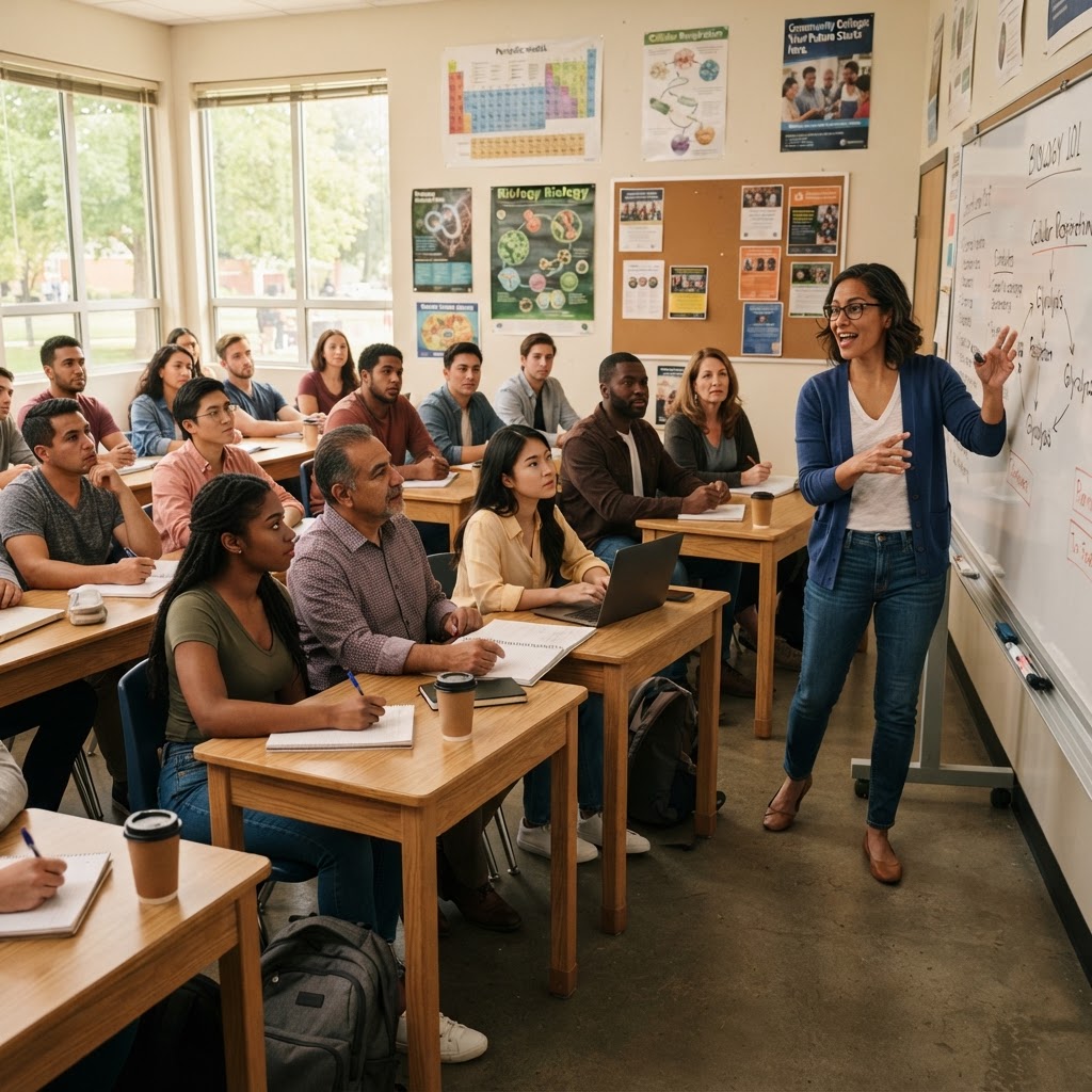 Community college classroom with diverse students