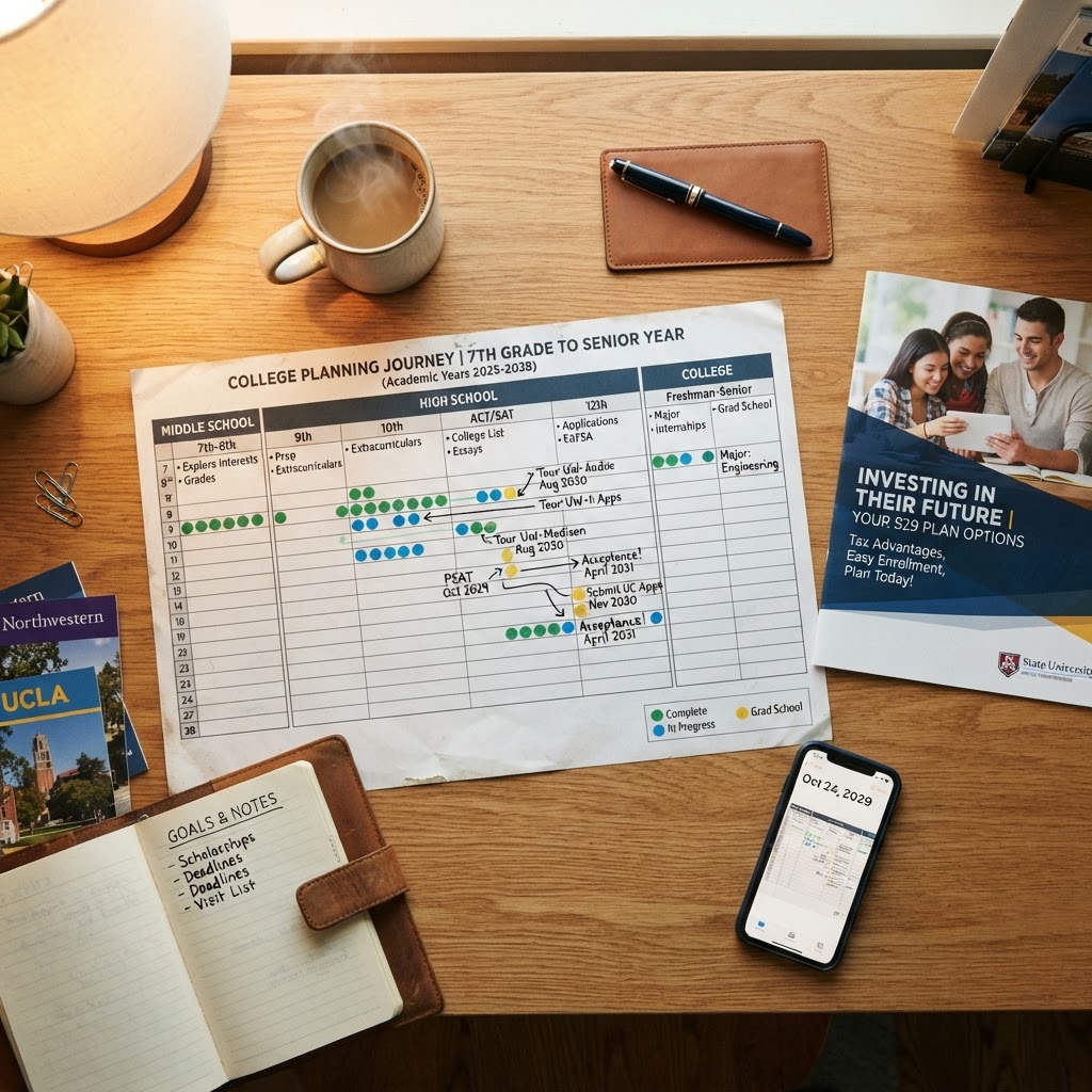 College planning timeline chart spread on a wooden desk with milestones from 7th grade through graduation